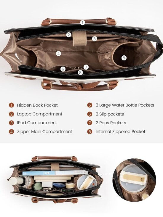 Laptop Bag for Women,Work Tote Bag with Large Cup Holder,Leather Computer Bag Te - Picture 3 of 6